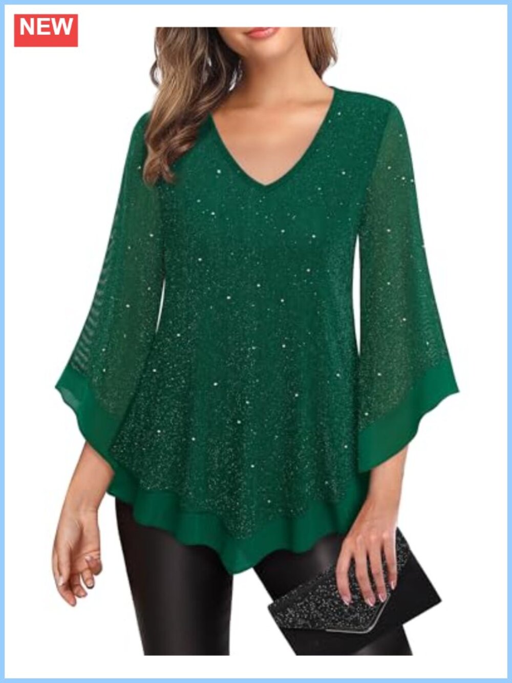 Women's Dressy Mesh Blouse Double Layers Ruffle 3/4 Flared Sleeve Tunic Top